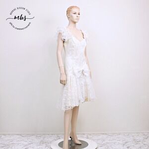 Nuance Vintage 80's Lace Bow Cocktail Off the Shoulder Midi Dress Ivory Women‎ M